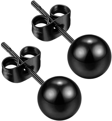 2 Pairs 316L Surgical-Steel Black & Silver Round Ball Men & Women Stud Earrings